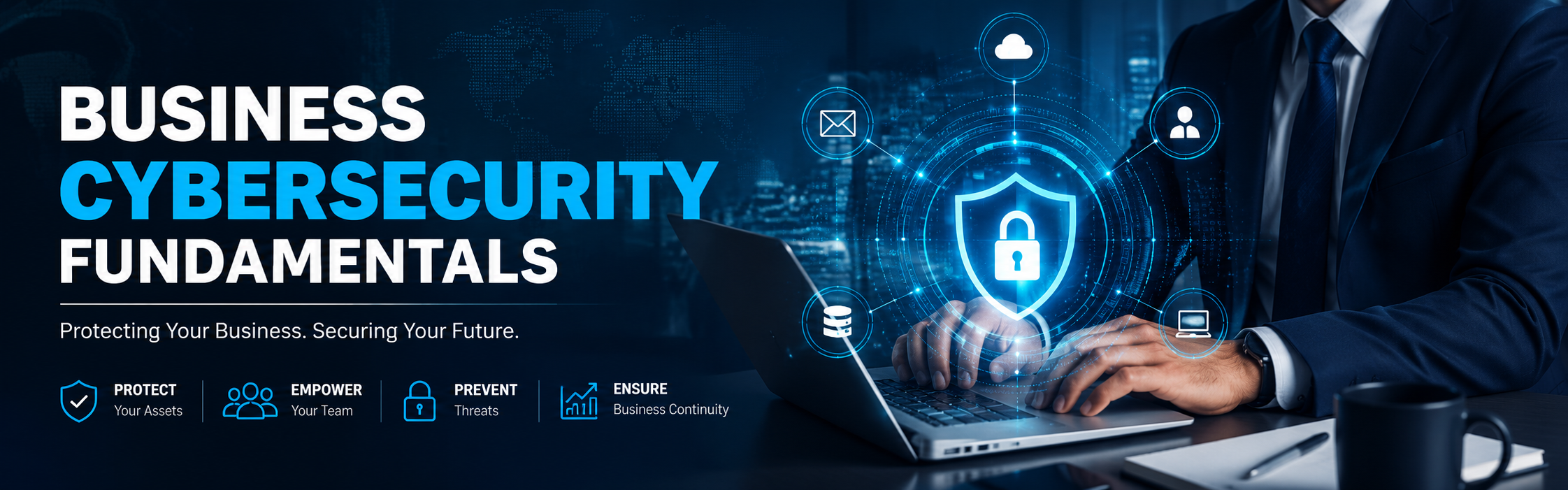 Business Cybersecurity Fundamentals course banner showing a business professional using a laptop with a digital cybersecurity